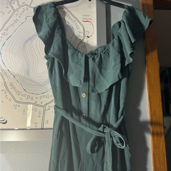 Lulu's Off The Shoulder Dark Sage Green Linen/ Rayon Ankle Length Jumpsuit Sz XL - Picture 3 of 12